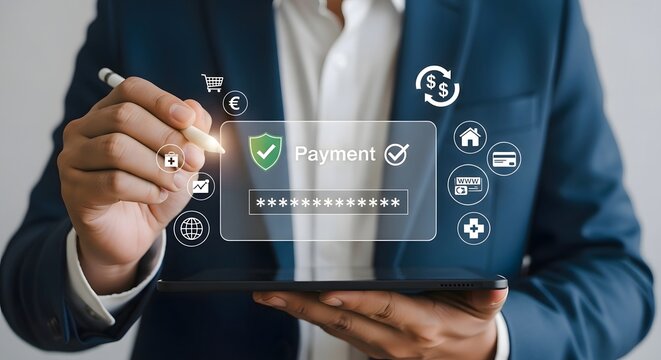 A person in a suit using a stylus on a tablet with a payment interface overlay and various icons around