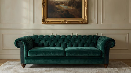 A luxurious emerald green velvet sofa with intricate patterns and subtle sheen .
