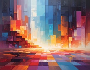 Colorful pixelated cityscape