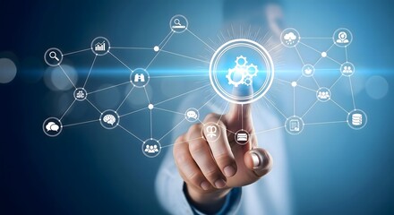 A person touching a digital interface with connected icons representing various technologies and concepts