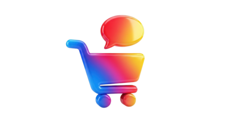 A vibrant 3D shopping cart icon with a colorful gradient and a speech bubble for e-commerce notifications.