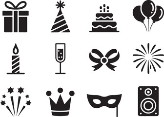 Fototapeta premium Celebrate joy with party icons: gift, cake, balloons, festive