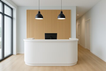 Modern clinic reception welcomes visitors with a pristine white desk, sleek pendant lights, and a warm wood slat wall, creating an inviting professional ambiance