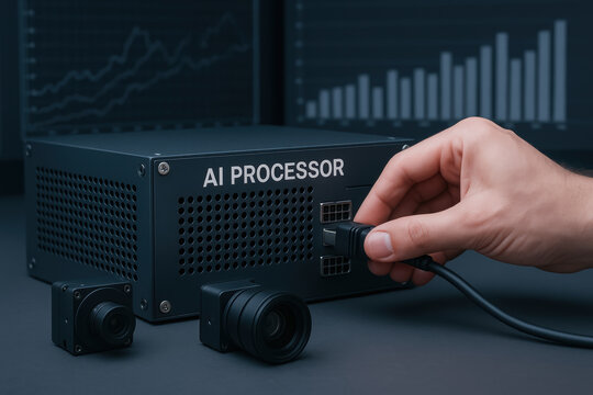 AI processor device with hand connecting cable for image processing in industry production technology and data analysis