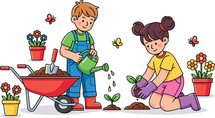gardening, children, kids, cartoon, vector, illustration, plants, flowers, outdoor, nature, happy, activity, teamwork, planting, children, kids, cartoon, vector, illustration, plant
