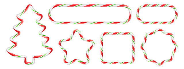 Set of glossy cane candy pattern realistic frame.  Festive collection of red, green, and white striped borders includes various holiday shapes like a pine tree and a star