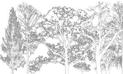 Seamless floral vector pattern with black silhouettes of trees, plants, and leaves for a nature-inspired illustration
