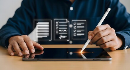 A person using a stylus on a tablet with digital document icons hovering above the screen on a desk top