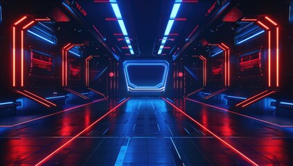 A virtual arena with blue and red neon lights, featuring an empty stage for the game's virtual match. 