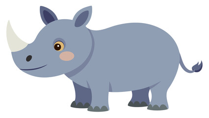 A friendly illustration of a rhinoceros with a soft gray body and a small horn, standing sideways with a gentle smile. Perfect for children's books, educational materials, and game designs