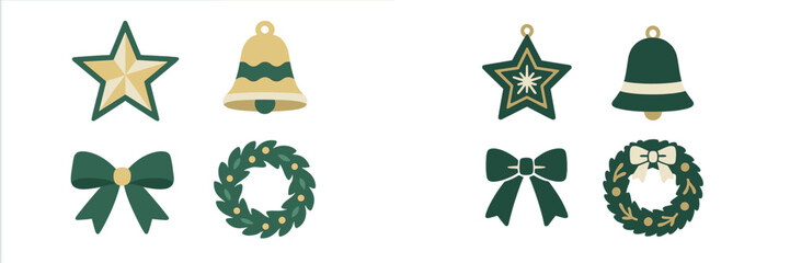 Festive season ornaments collection featuring stars, bells, bows, and wreaths in elegant green and gold hues © icon_art