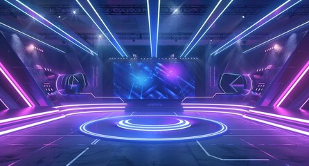 A virtual arena with blue and red neon lights, featuring an empty stage for the game's virtual match. 