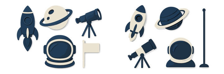 Collection of space exploration elements including rockets, planets, telescopes, astronaut helmets, and flags