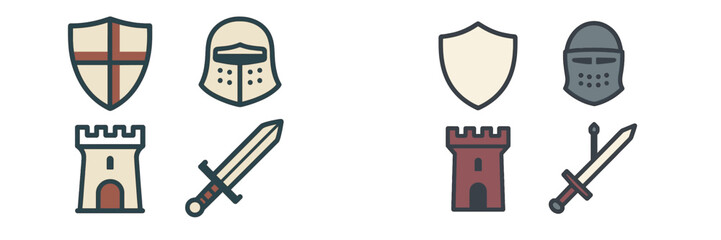 Historical medieval symbols featuring knight helmets, protective shields, sharp swords, and strong castle towers