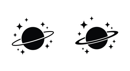 Two simple black planet icons with rings and surrounding stars