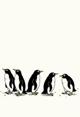 Obraz premium A minimalist illustration of a group of Adelie penguins with reflections, set against a vast, empty cream background with ample copy space for text. 