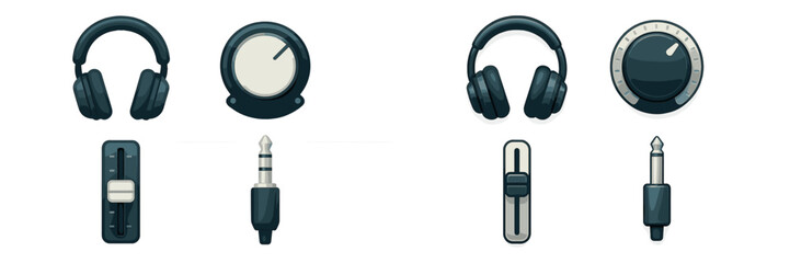 Collection of modern audio equipment icons including headphones, volume knob, equalizer slider, and audio jack