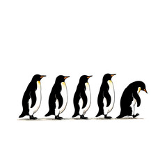 Obraz premium A charming and humorous illustration of five penguins walking in a line, with the last one sadly looking down, conveying a concept of individuality or feeling left out. 