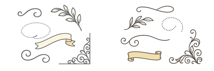 Elegant decorative design elements set featuring swirls, ribbons, leaves, and ornate corners for frames and borders