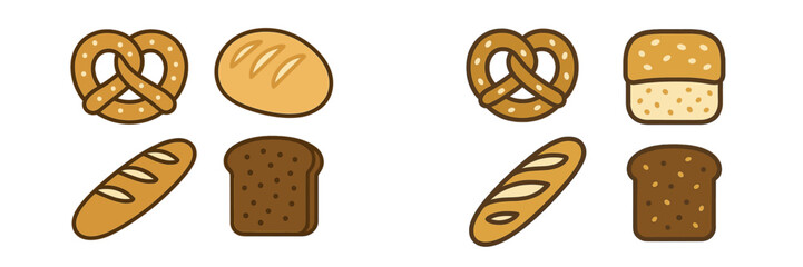 Collection of various baked goods icons featuring pretzels, baguettes, round loaves, and sliced bread