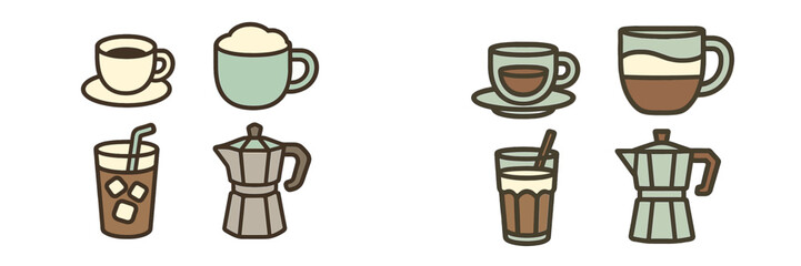 Assortment of coffee and espresso beverages in different cups, mugs, and traditional moka pots, including iced coffee and frothy lattes