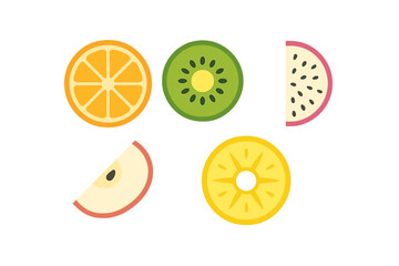 Assortment of colorful fruit slices including orange, kiwi, apple, pineapple, and dragon fruit on white background