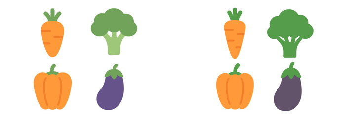 Collection of fresh healthy vegetables including carrots, broccoli, bell peppers, and eggplants in a simple icon style