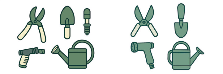 Assortment of essential gardening tools including pruning shears, trowel, cultivator, hose nozzle, and watering can for horticulture activities