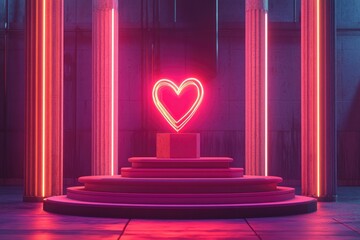 A podium with three pillars, each glowing in neon red and pink hues against an industrial background.