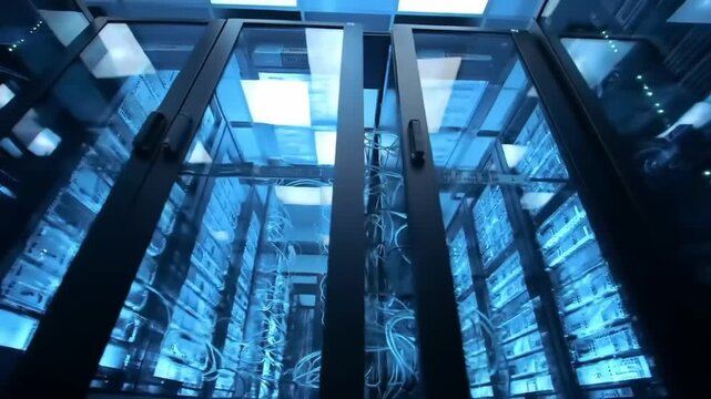 Futuristic data center with glowing servers and intricate wiring, showcasing advanced technology infrastructure - Powered by Adobe
