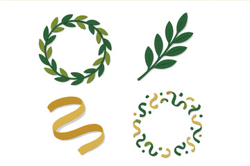 Elegant collection of green leaf wreaths, branches, and golden ribbons with abstract decorative shapes on white background