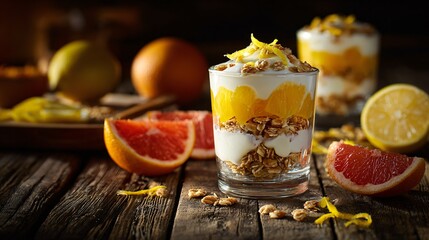 Citrus fruit parfait layered with yogurt and granola, rustic wooden table, scattered orange and lemon slices, cozy warm light, negative space