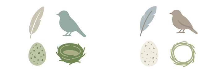 Minimalist pastel bird elements with eggs, nests, and feathers in a natural color palette for spring designs and decorations, isolated on white background