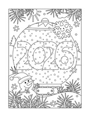 Year 2026 in snow globe coloring page, poster, sign or banner black and white activity sheet 
