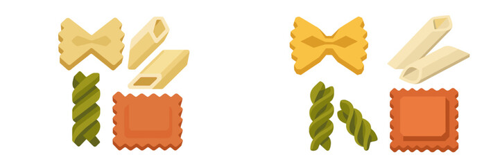 A diverse assortment of various Italian pasta shapes, including popular varieties like farfalle, penne, fusilli, and ravioli, arranged for a culinary display