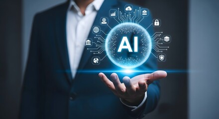 Man in suit holding ai hologram with cloud computing and security icons in his hand in a modern setting