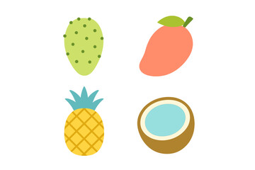 Vibrant selection of fresh tropical and exotic fruits in a clean graphic style featuring pineapple mango coconut and prickly pear