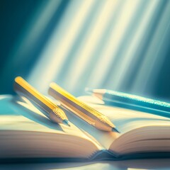 Ein ge&ouml;ffnetes Buch mit Stiften