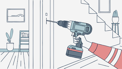 Hand using cordless drill to screw into wall home improvement DIY project interior design illustration.