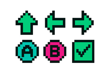 Fototapeta premium Retro pixel art game interface elements with directional arrows, A and B buttons, and a green checkmark