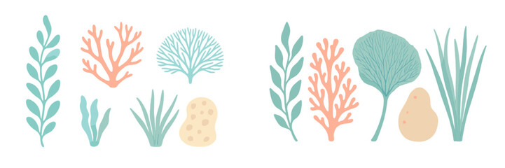 Stylized marine flora collection featuring various underwater plants, seaweed, and coral shapes in soft pastel colors © icon_art