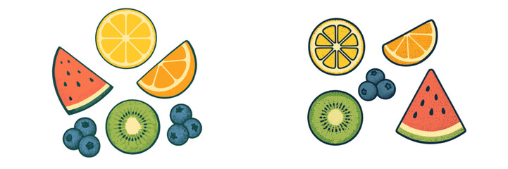 Colorful assortment of fresh summer fruits including watermelon, lemon, orange, kiwi, and blueberries, healthy eating concept