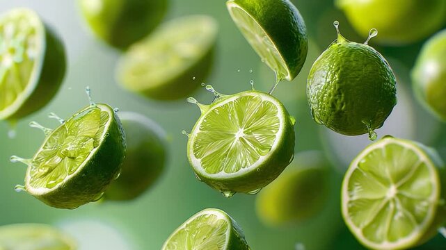 A burst of fresh limes dropping from above, ideal for food or lifestyle images