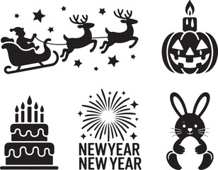 Festive icons celebrate holidays: Christmas, Halloween, birthdays, New Year
