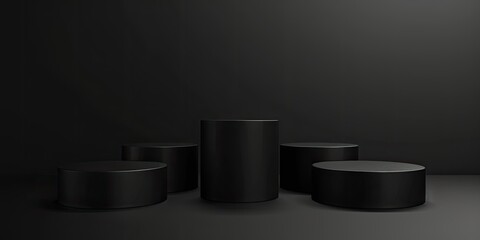 Abstract black background with three cylindrical podiums for product presentation, minimalistic design, high resolution photography, with insane detail