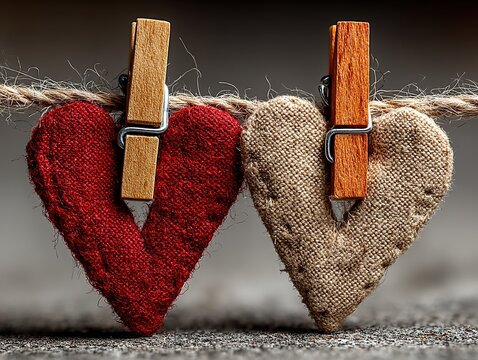 Red and beige heart-shaped clothespins with paper, minimalist design for card or decoration element