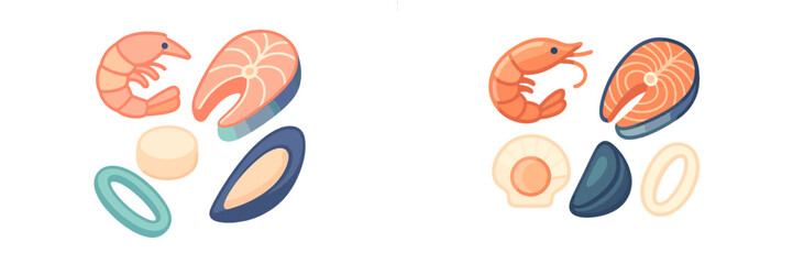 Assortment of fresh seafood ingredients including shrimp salmon steak scallop mussel and calamari rings