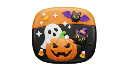 A festive Halloween scene featuring a grinning jack-o'-lantern, a friendly ghost, a black cat in a witch hat, and a bat, all surrounded by candy corn and sta...