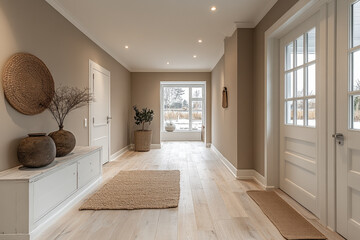 Obraz premium Large window in hallway with wooden floor.