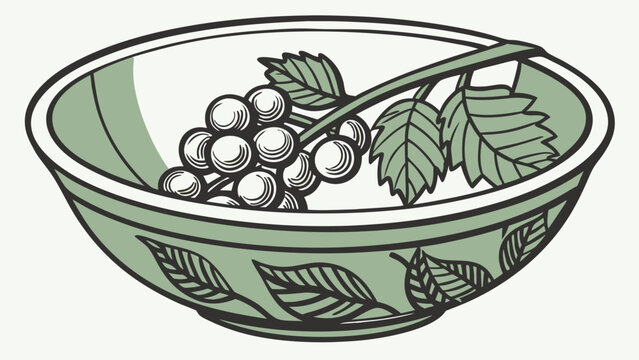 Illustration of Berries in a Decorative Bowl Green and White Fruit Design Nature Theme Food Still Life Vintage Style Botanical Art Healthy Eating Graphic Design Element.